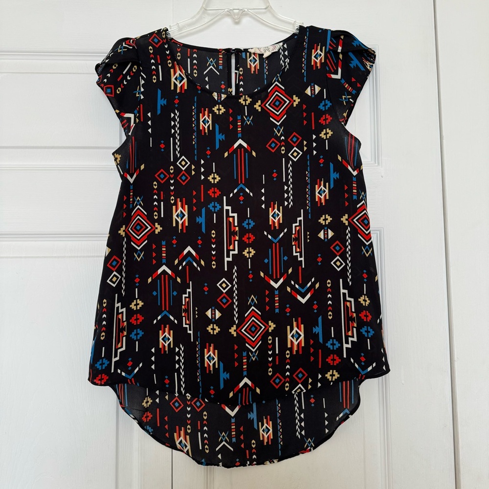Pink Rose Black Pattern Blouse Size S